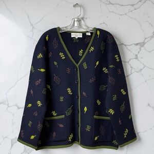 VTG Marisa Christina Women Navy/Green Leaf Embroidered Wool Cardigan Sweater 1X